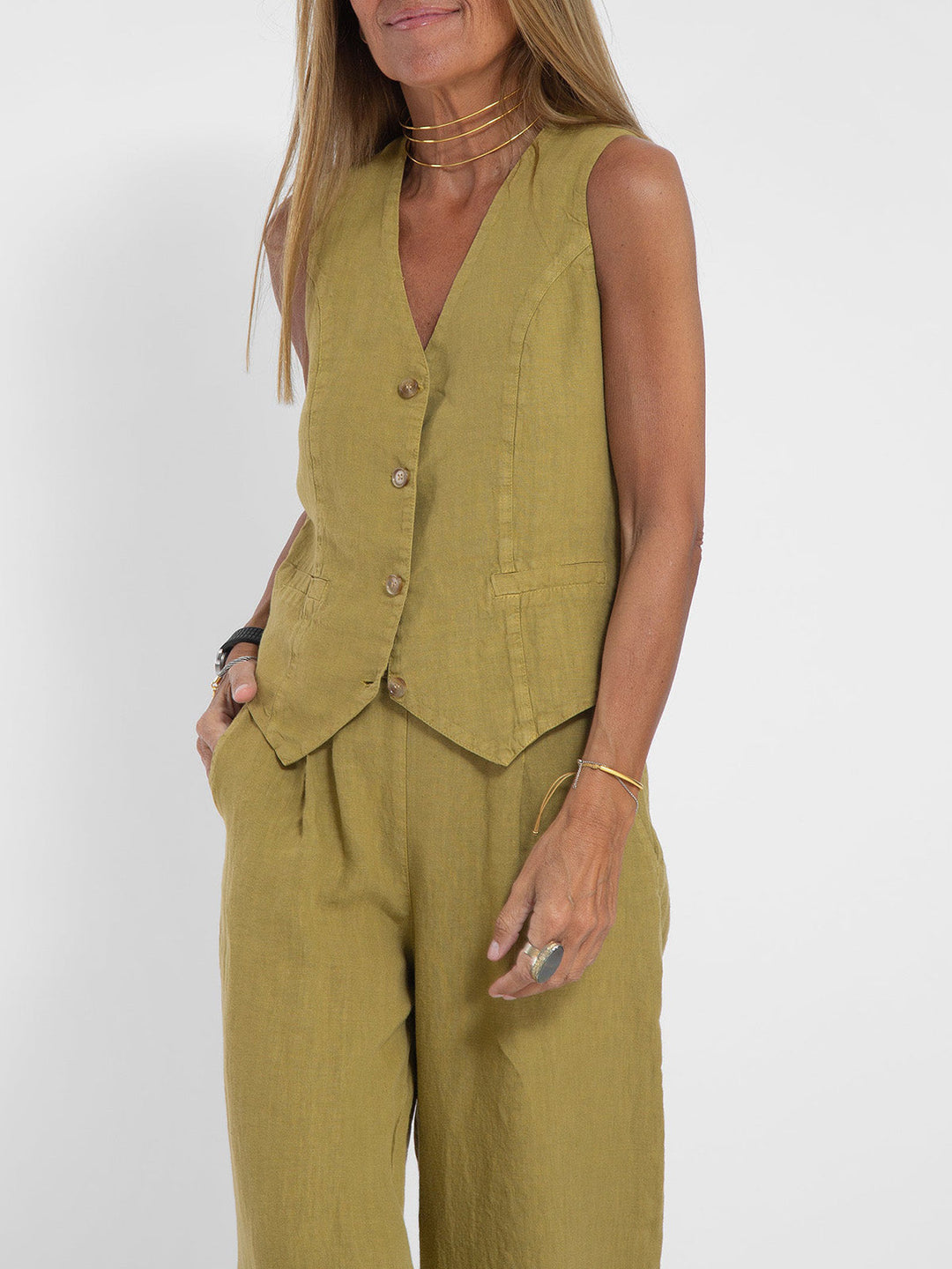 Aira - Button-Up Vest &amp; Wide-Leg Trousers Set