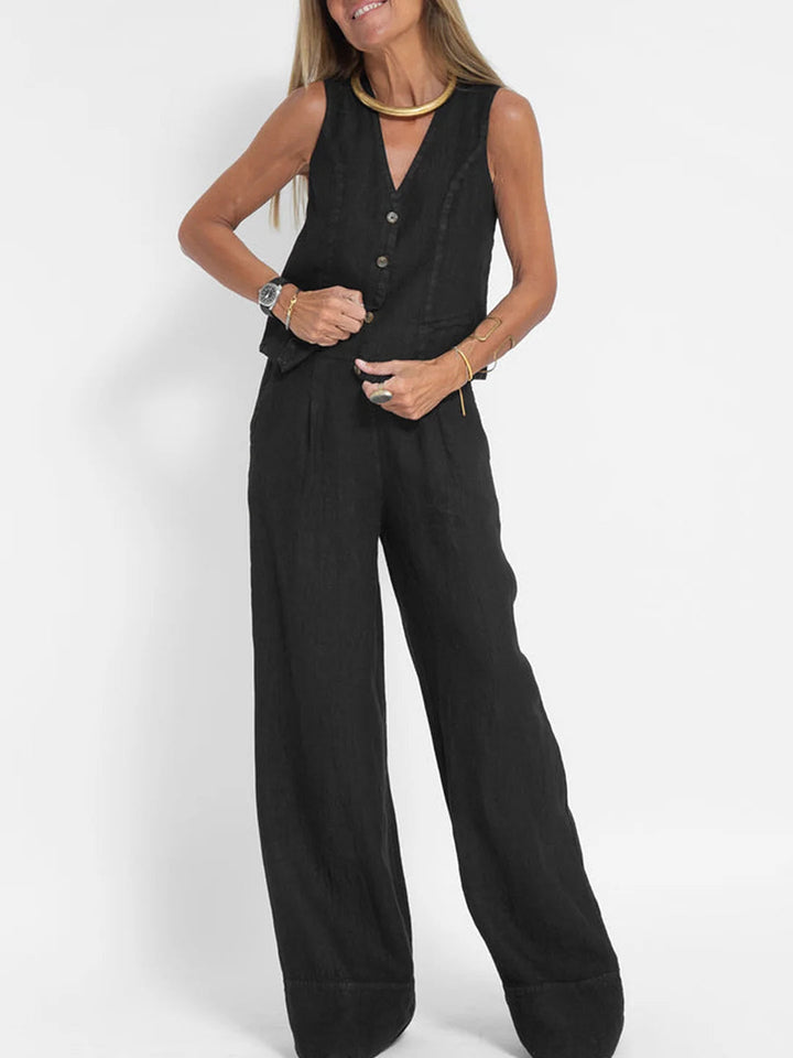 Aira - Button-Up Vest &amp; Wide-Leg Trousers Set