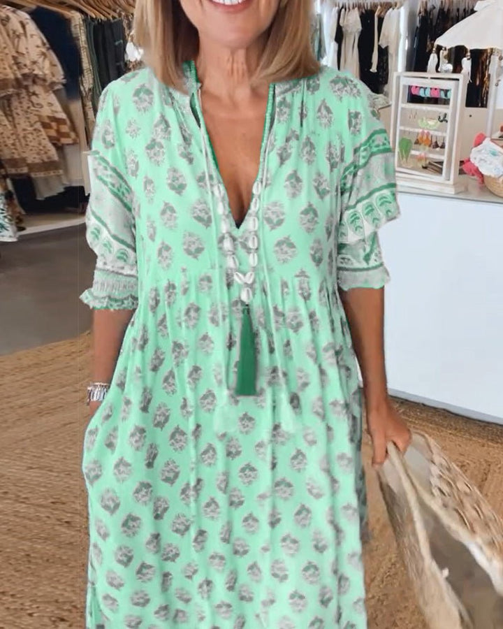 MANA | CHIC FLORAL V-NECK MIDI DRESS