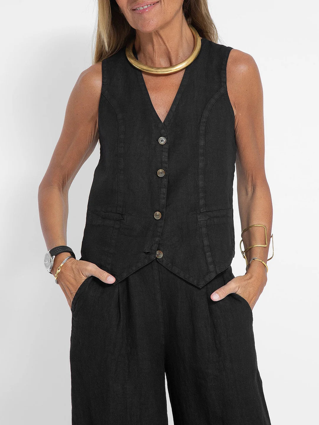 Aira - Button-Up Vest &amp; Wide-Leg Trousers Set