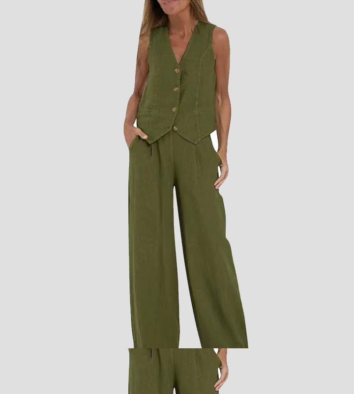 Aira - Button-Up Vest &amp; Wide-Leg Trousers Set
