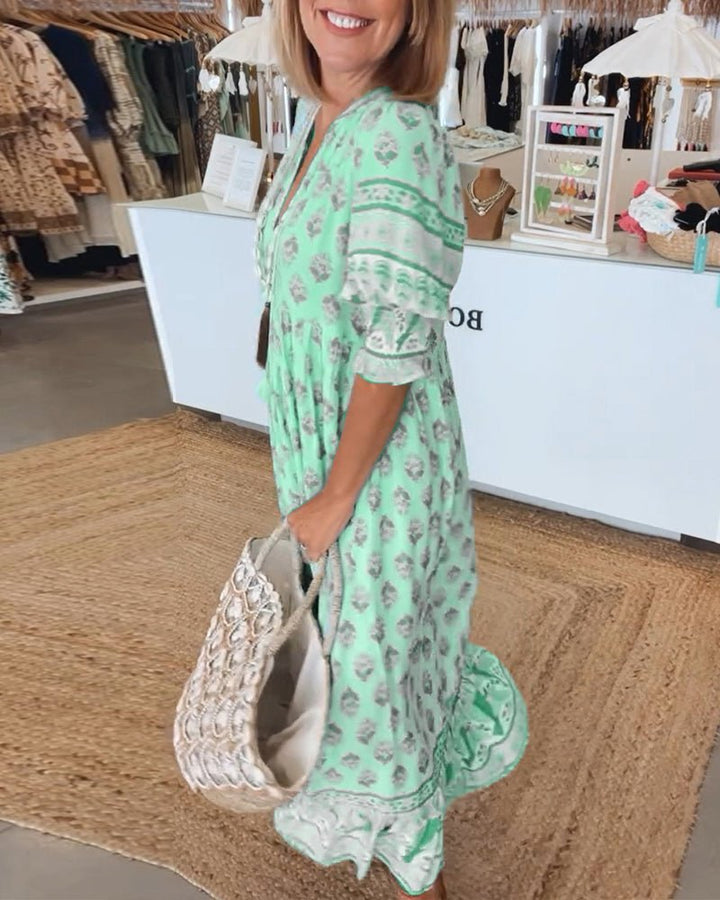 MANA | CHIC FLORAL V-NECK MIDI DRESS