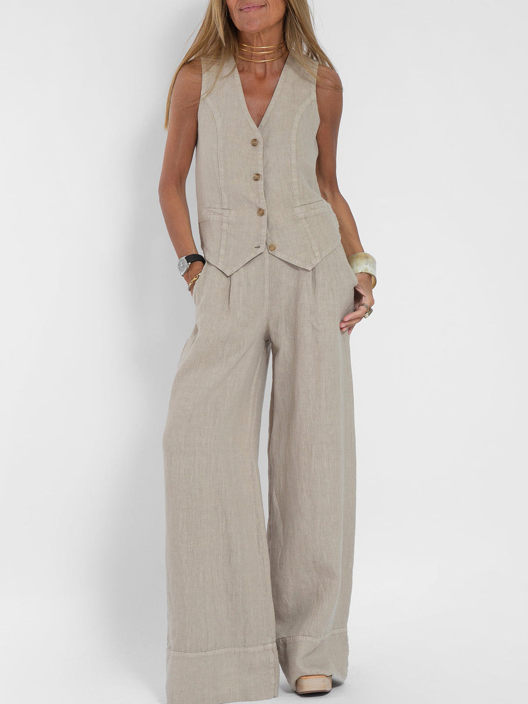 Aira - Button-Up Vest &amp; Wide-Leg Trousers Set