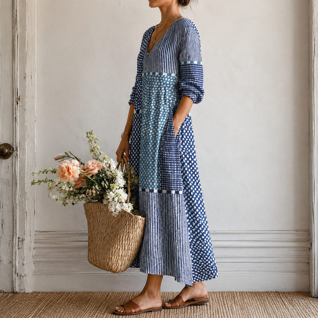 Vreni™ | Boho Maxi Dress with Patchwork Print in Soft Blues