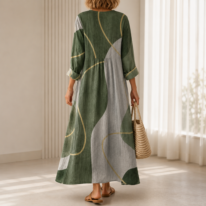 Edeltraud™ | Boho Maxi Dress with Abstract Print in Olive Green
