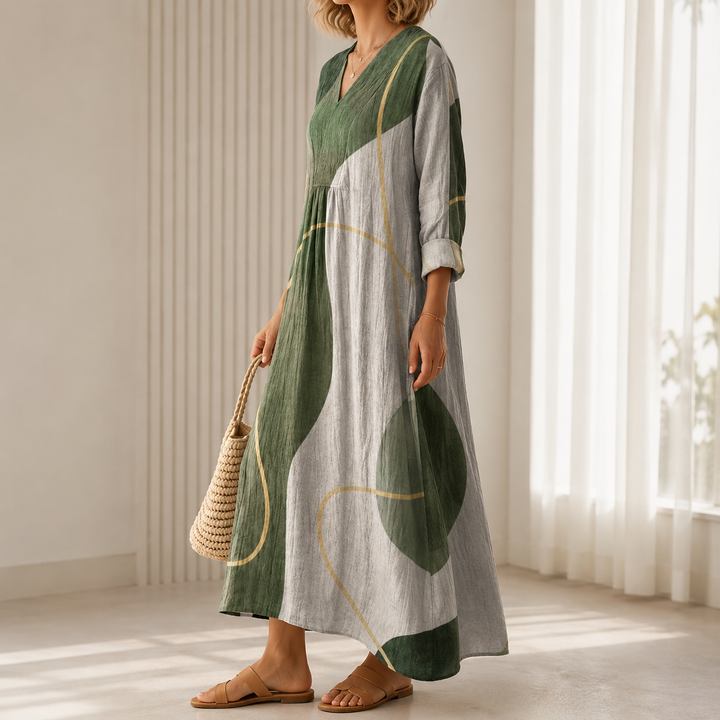 Edeltraud™ | Boho Maxi Dress with Abstract Print in Olive Green