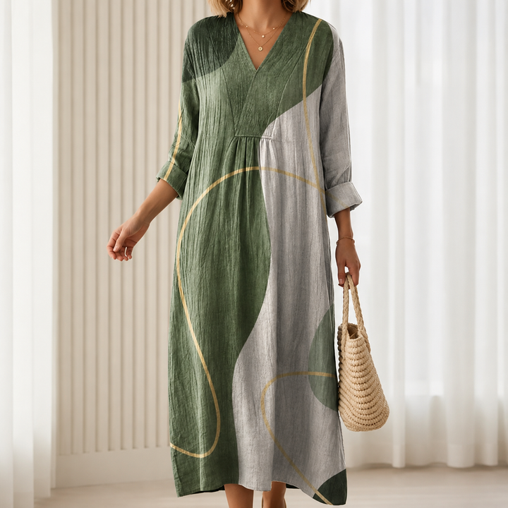 Edeltraud™ | Boho Maxi Dress with Abstract Print in Olive Green