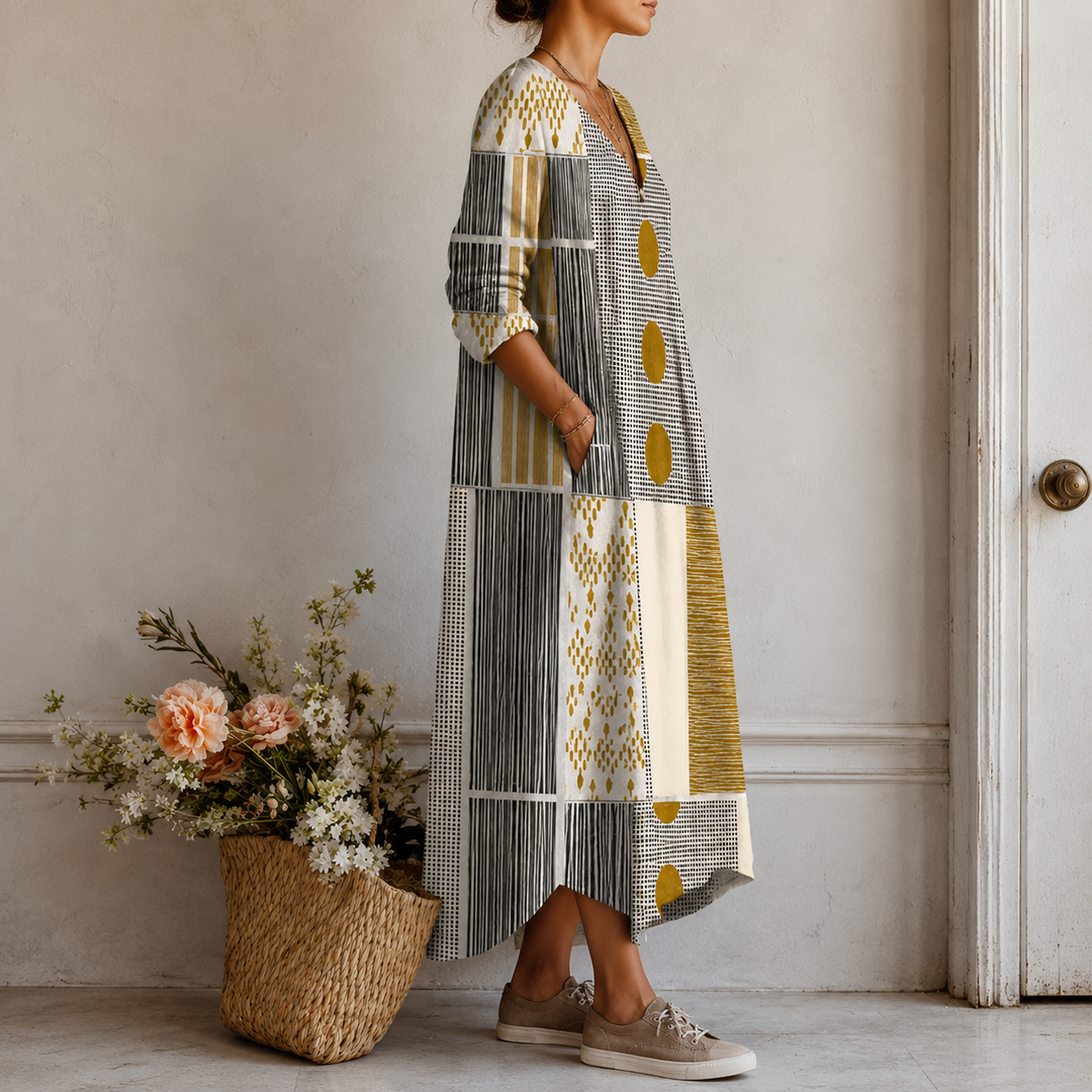 Liseli™ | Boho Maxi Dress with Colour Blocking and Spots in Mustard