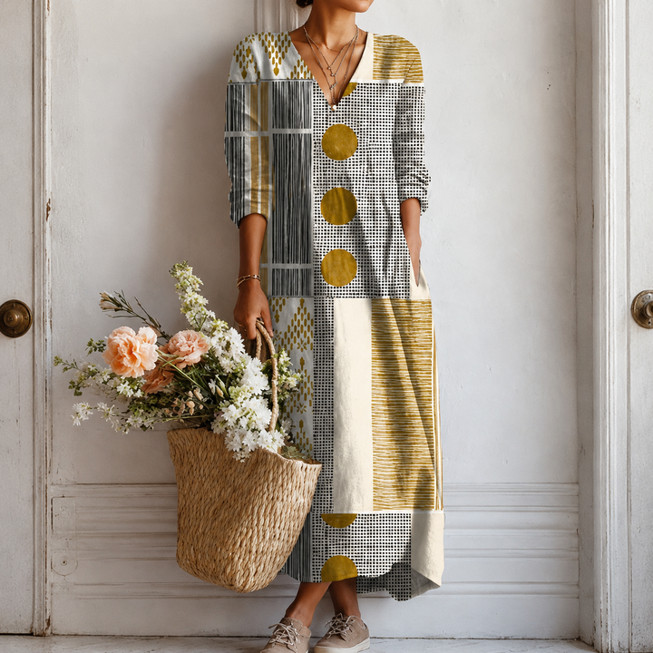 Liseli™ | Boho Maxi Dress with Colour Blocking and Spots in Mustard