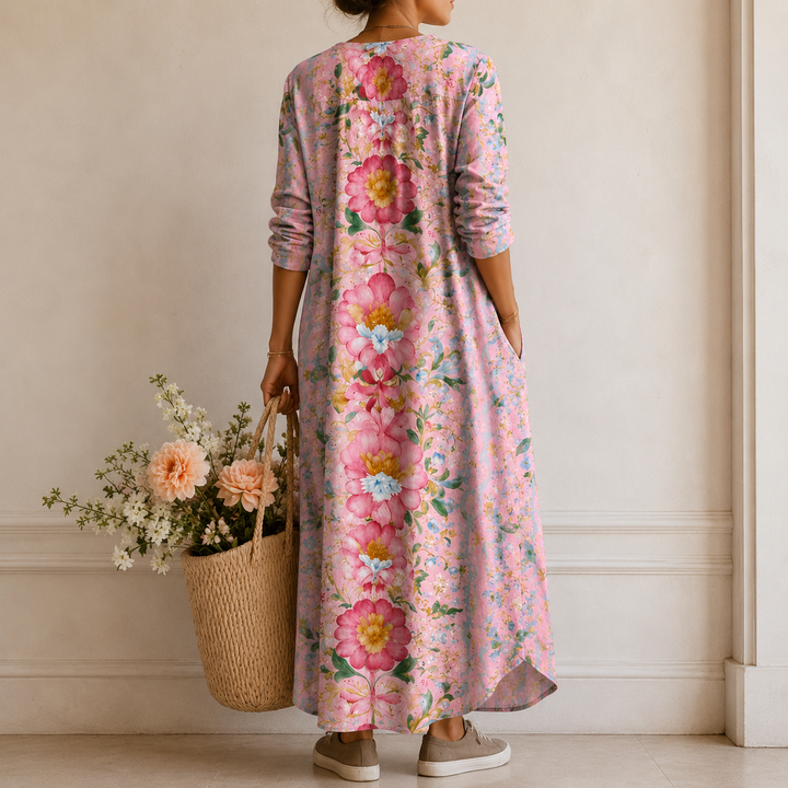 Kunigunde™ | Boho Maxi Dress with Watercolour Blooms in Pink