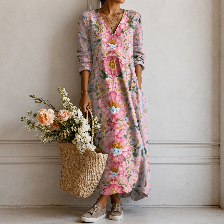 Kunigunde™ | Boho Maxi Dress with Watercolour Blooms in Pink