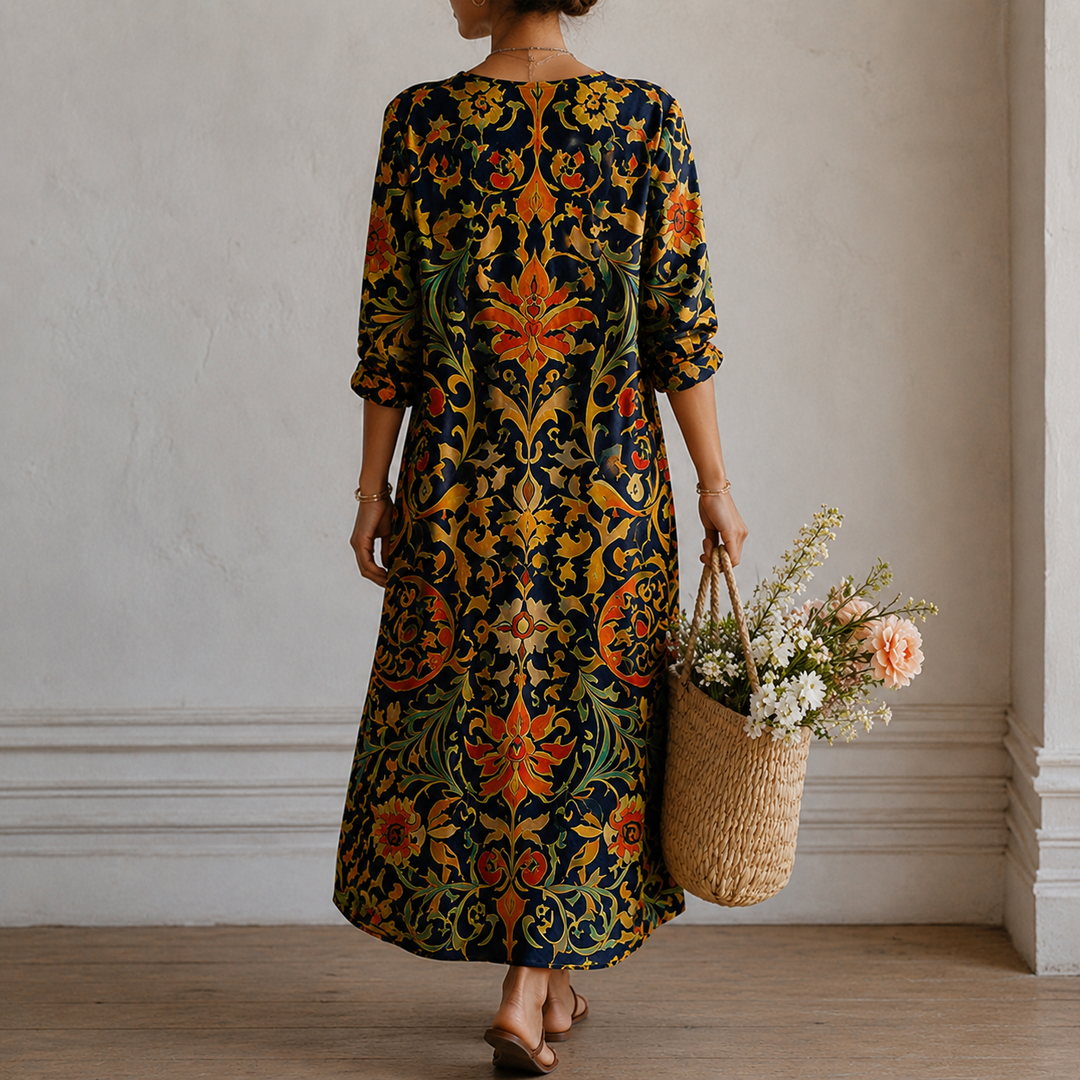 Anneli™ | Boho Maxi Dress with Floral Ornament Print in Navy