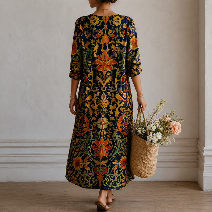 Anneli™ | Boho Maxi Dress with Floral Ornament Print in Navy