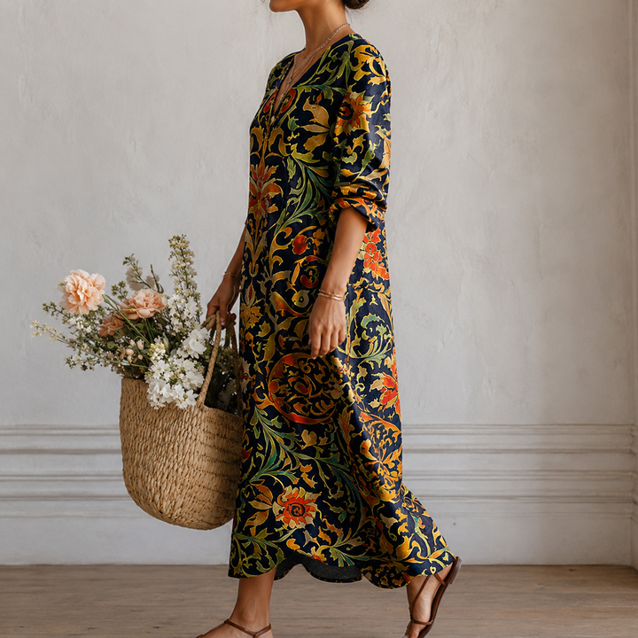 Anneli™ | Boho Maxi Dress with Floral Ornament Print in Navy