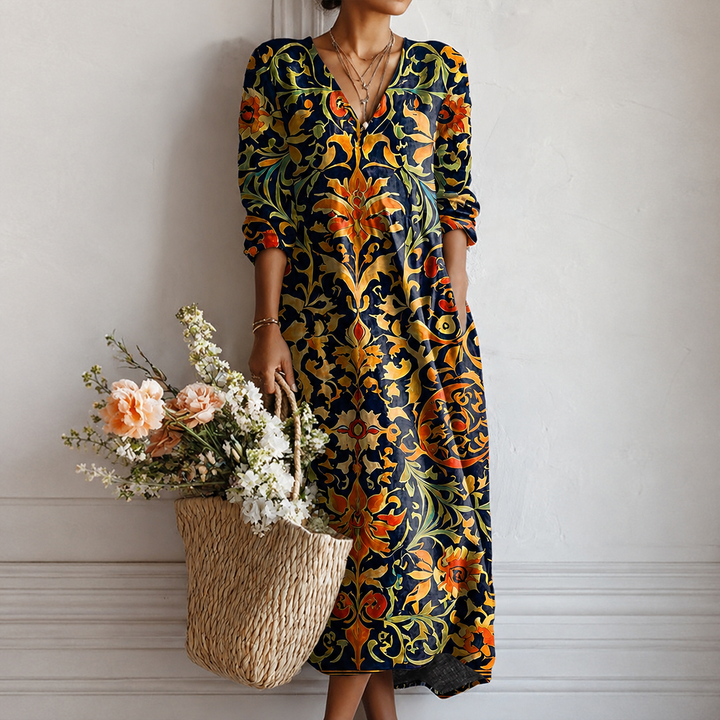 Anneli™ | Boho Maxi Dress with Floral Ornament Print in Navy