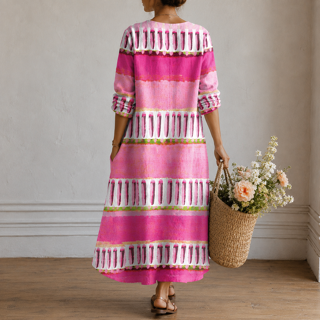 Cornelia™ | Boho Maxi Dress with Watercolour Stripes in Pink