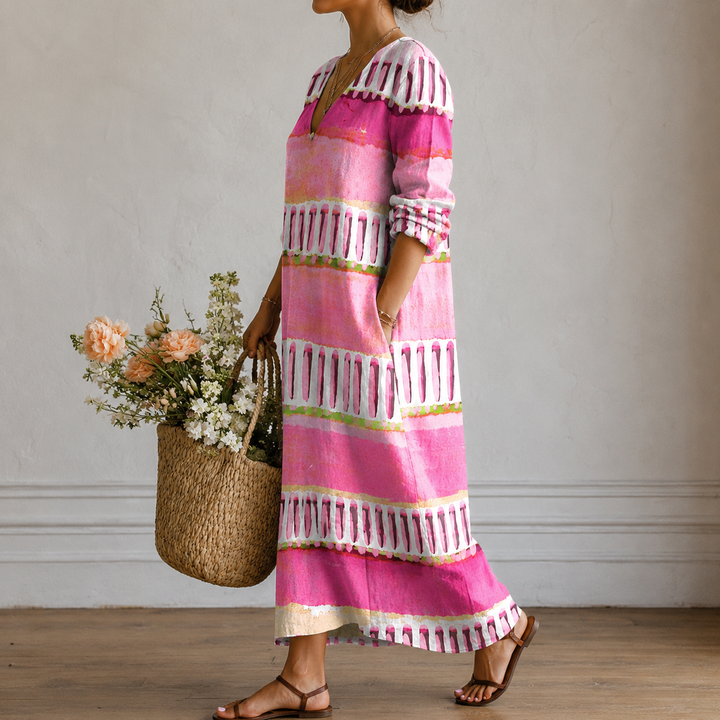 Cornelia™ | Boho Maxi Dress with Watercolour Stripes in Pink