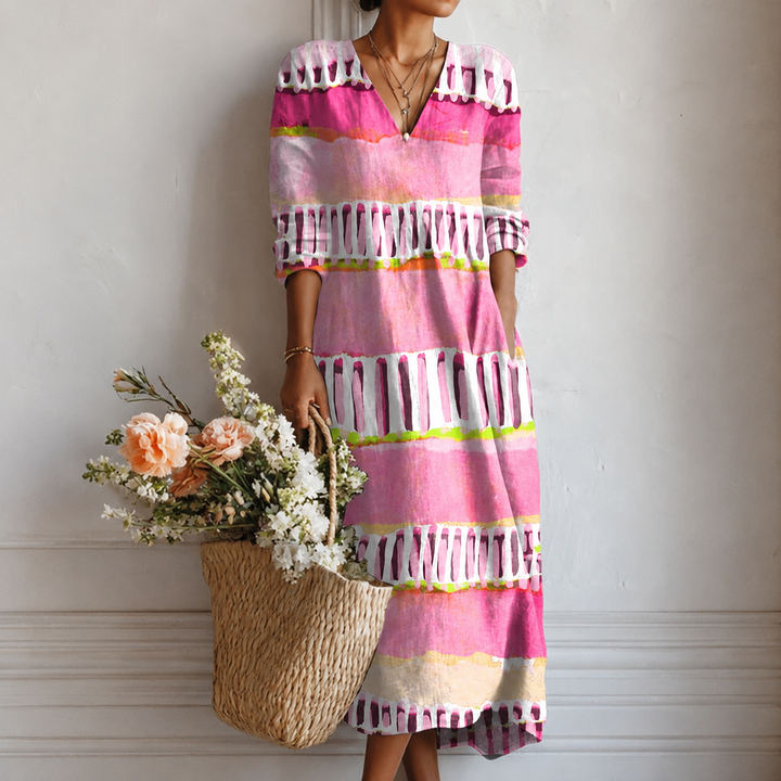 Cornelia™ | Boho Maxi Dress with Watercolour Stripes in Pink