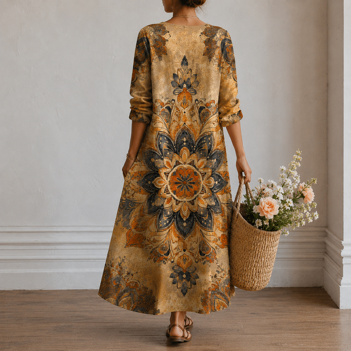 Helga™ | Boho Maxi Dress with Mandala Print in Ochre