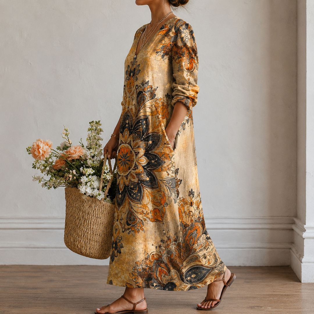 Helga™ | Boho Maxi Dress with Mandala Print in Ochre