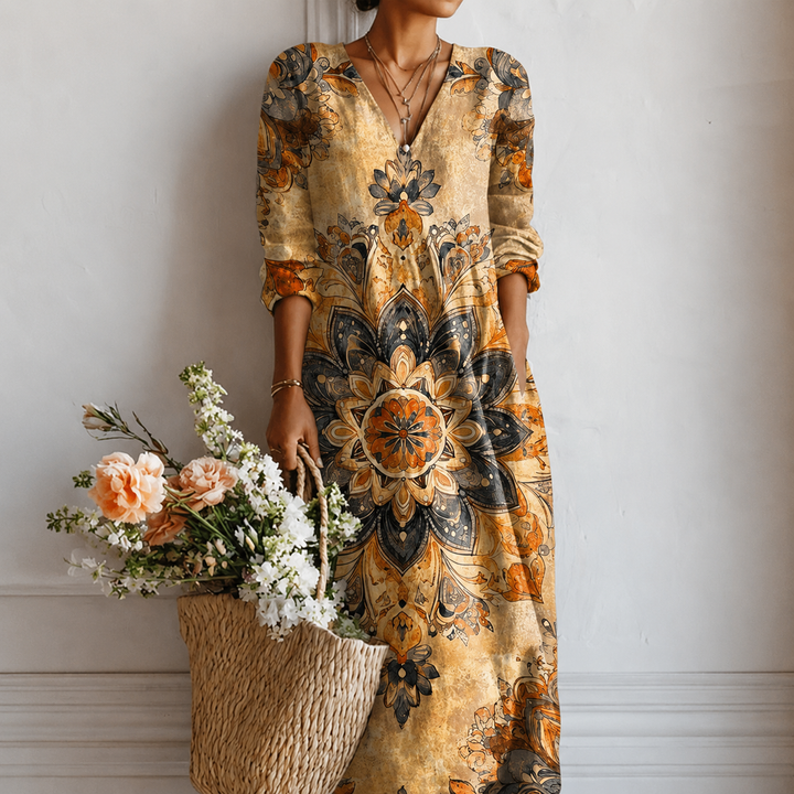 Helga™ | Boho Maxi Dress with Mandala Print in Ochre