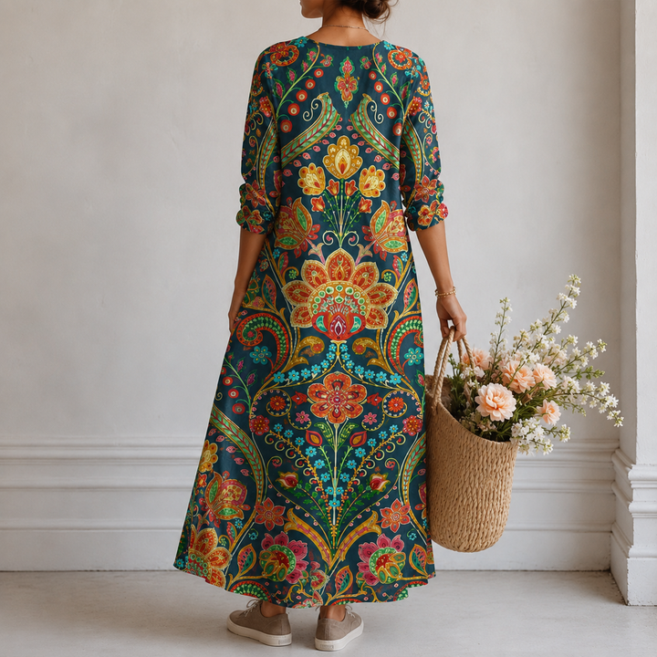 Adelheid™ | Boho Maxi Dress with Paisley Medallion in Teal
