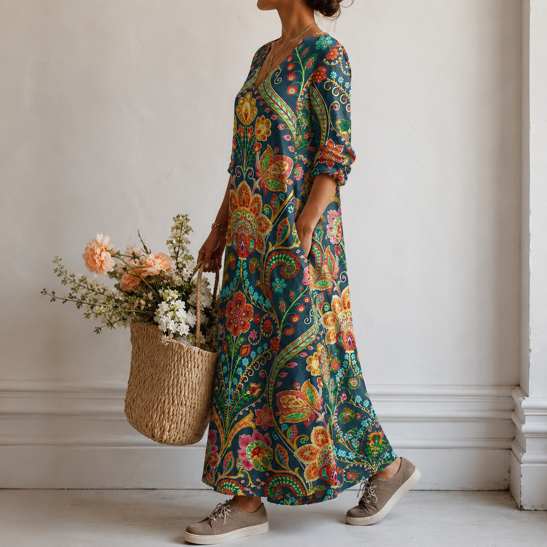 Adelheid™ | Boho Maxi Dress with Paisley Medallion in Teal