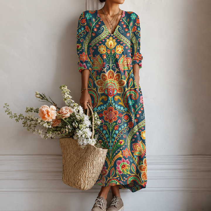 Adelheid™ | Boho Maxi Dress with Paisley Medallion in Teal