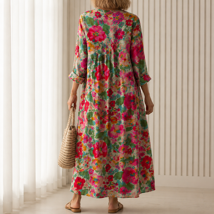 Hildegard™ | Boho Maxi Dress with Watercolour Floral Print in Pink