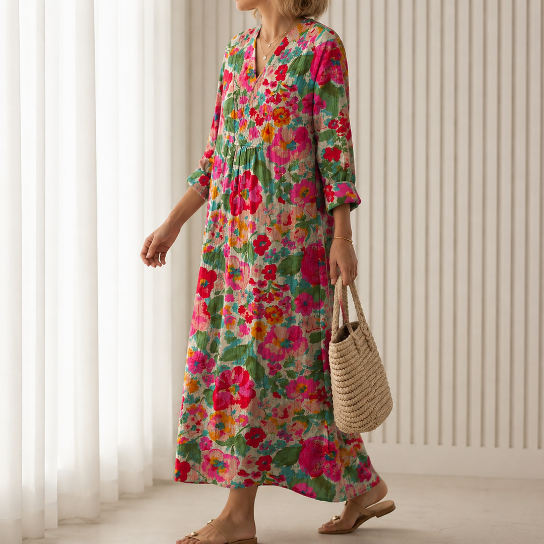 Hildegard™ | Boho Maxi Dress with Watercolour Floral Print in Pink