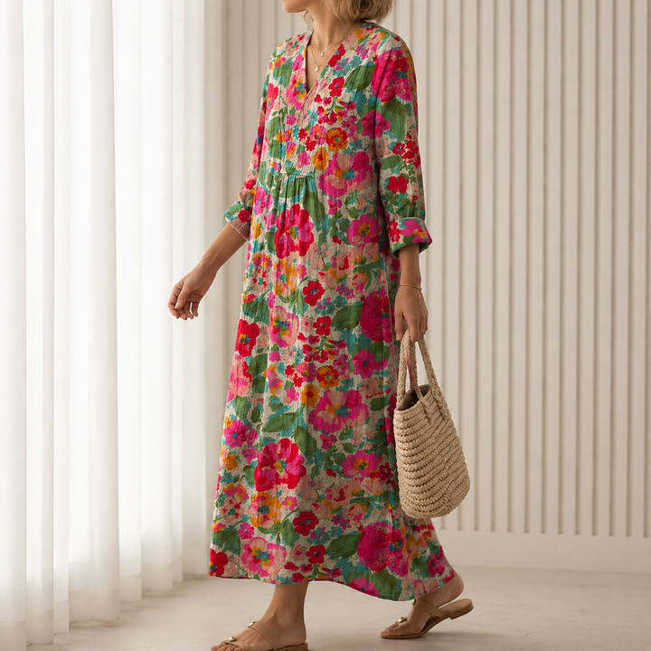 Hildegard™ | Boho Maxi Dress with Watercolour Floral Print in Pink