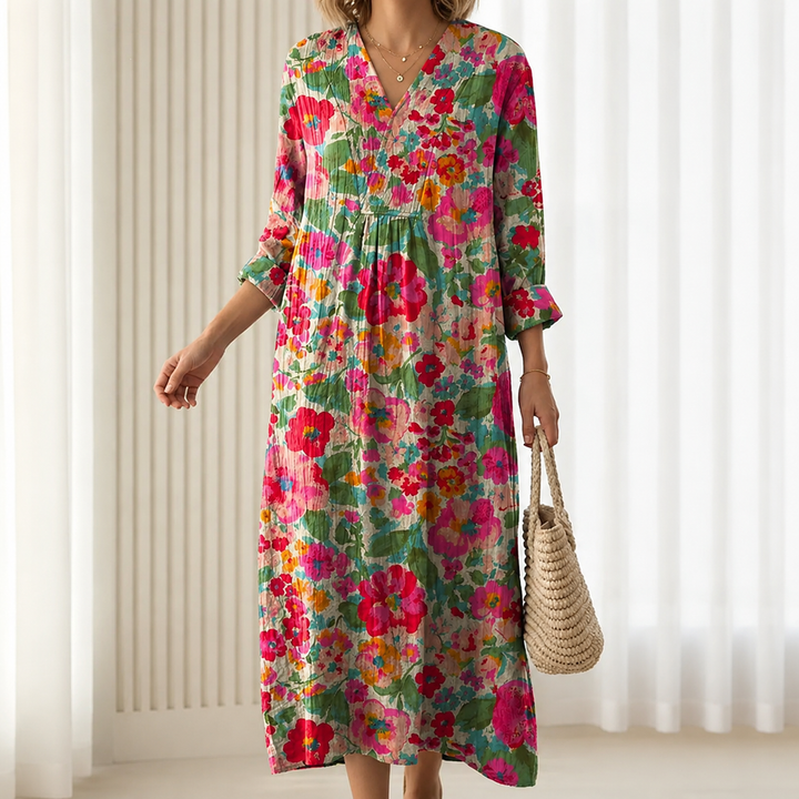 Hildegard™ | Boho Maxi Dress with Watercolour Floral Print in Pink