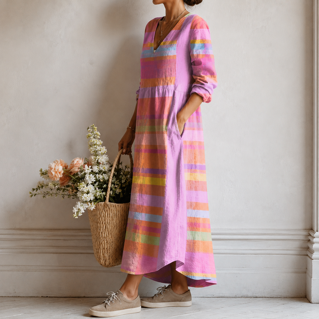 Ingeborg™ | Boho Maxi Dress with Pastel Stripes