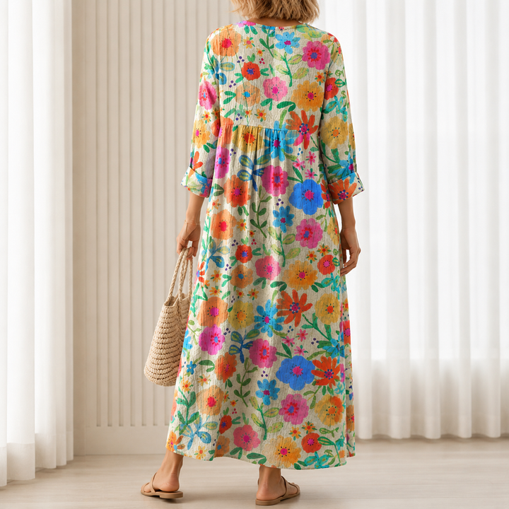 Lisbeth™ | Boho Maxi Dress with Multicolour Floral Print in Cream