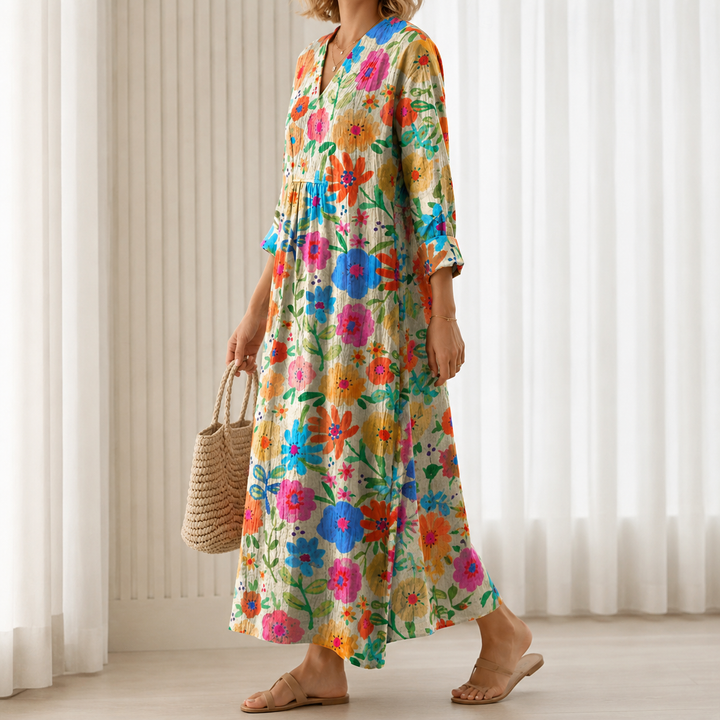 Lisbeth™ | Boho Maxi Dress with Multicolour Floral Print in Cream