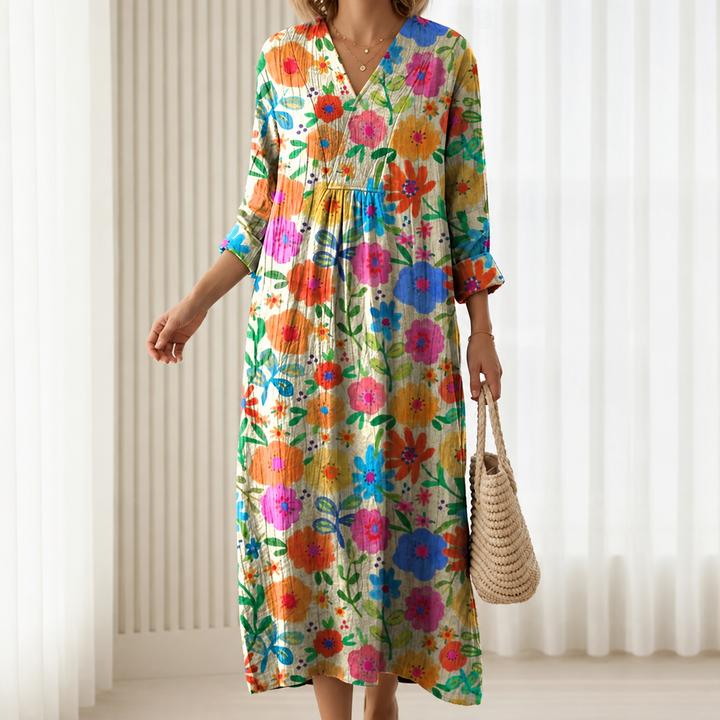 Lisbeth™ | Boho Maxi Dress with Multicolour Floral Print in Cream