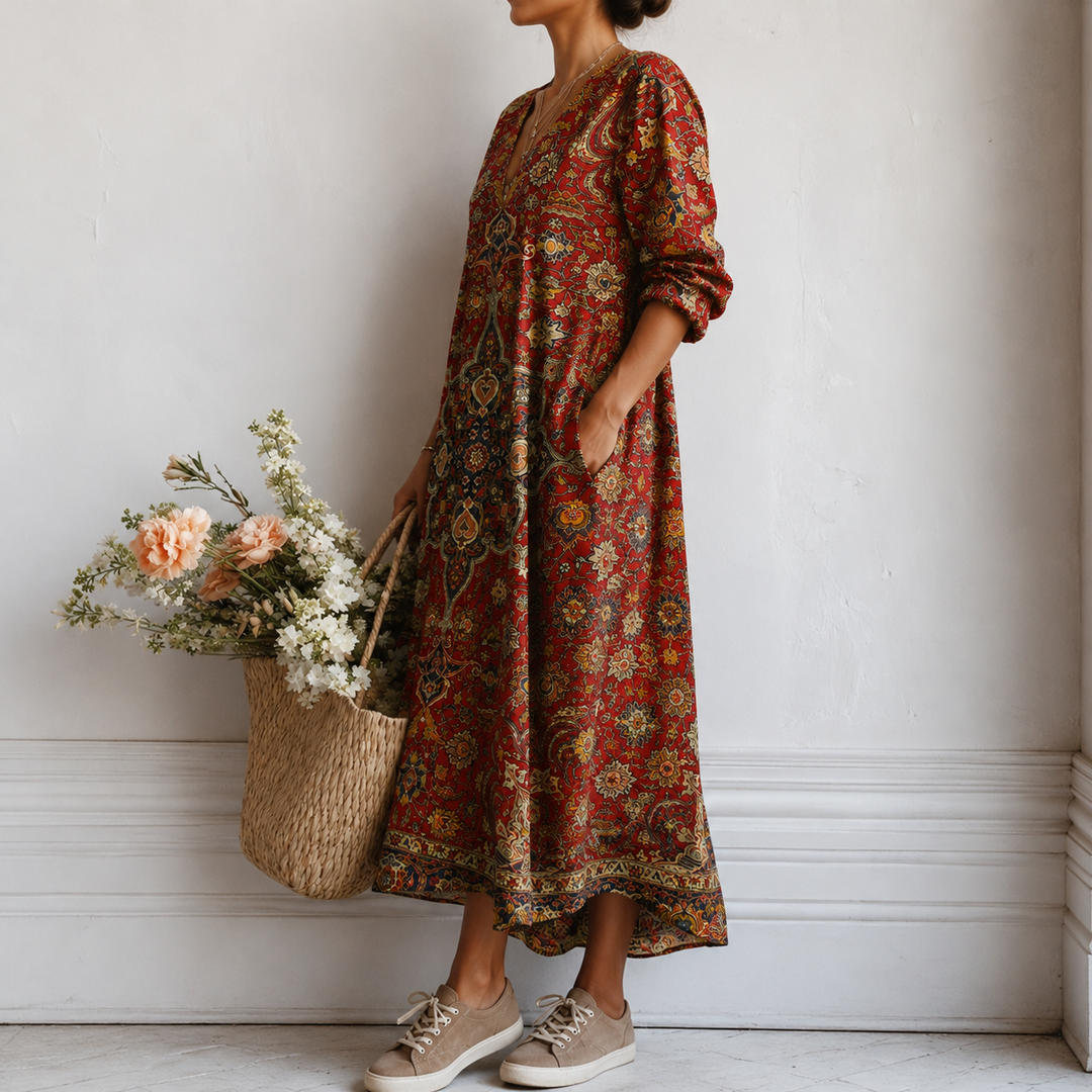 Marlies™ | Boho Maxi Dress with Persian Ornament in Red