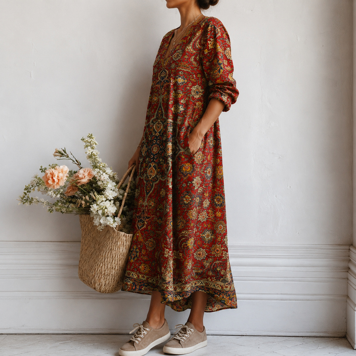 Marlies™ | Boho Maxi Dress with Persian Ornament in Red