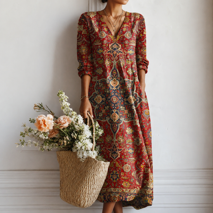 Marlies™ | Boho Maxi Dress with Persian Ornament in Red