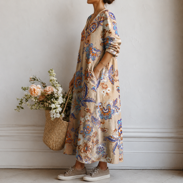 Walburga™ | Boho Maxi Dress with Paisley Print in Cream