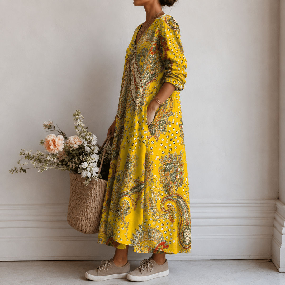 Gretchen™ | Boho Maxi Dress with Paisley Print in Yellow