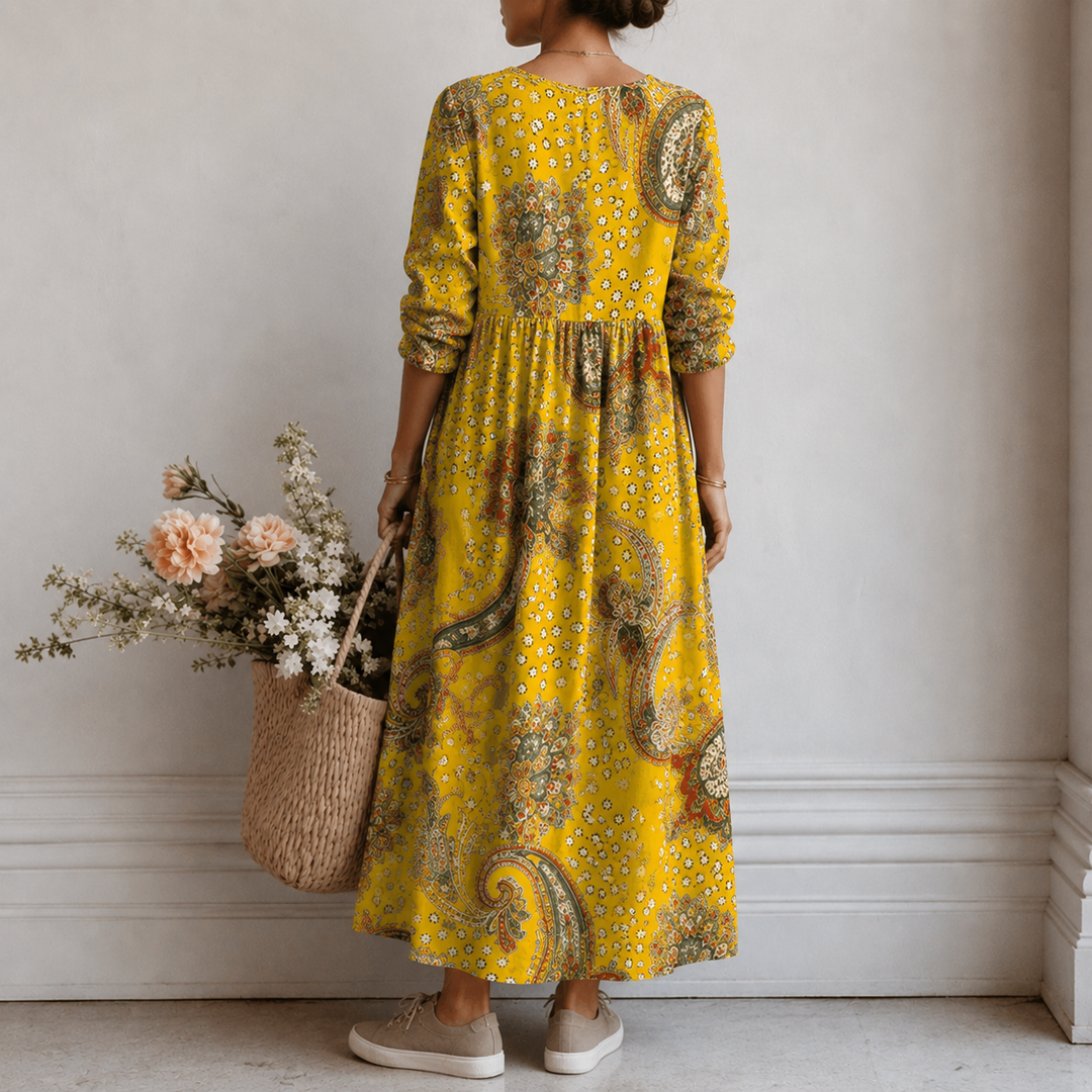 Gretchen™ | Boho Maxi Dress with Paisley Print in Yellow