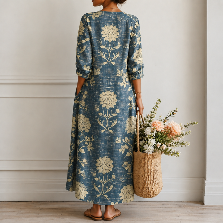 Margrit™ | Boho Midi Dress with Botanical Print in Indigo