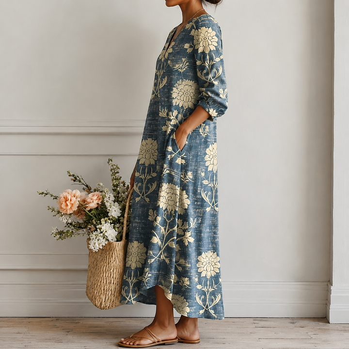 Margrit™ | Boho Midi Dress with Botanical Print in Indigo