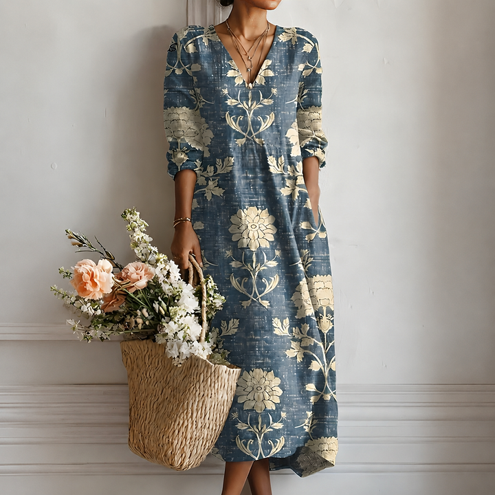 Margrit™ | Boho Midi Dress with Botanical Print in Indigo