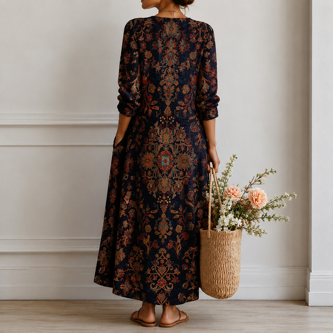 Trudi™ | Boho Maxi Dress with Oriental Ornament in Navy