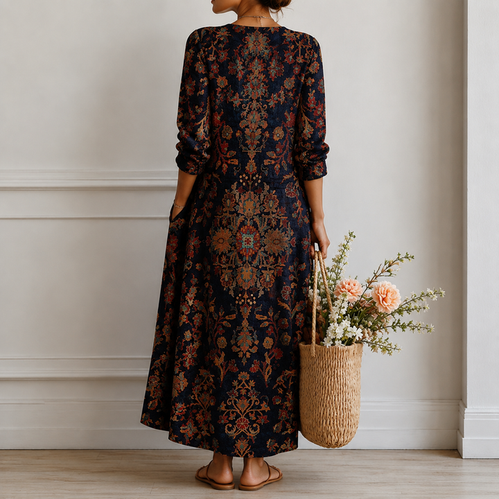 Trudi™ | Boho Maxi Dress with Oriental Ornament in Navy