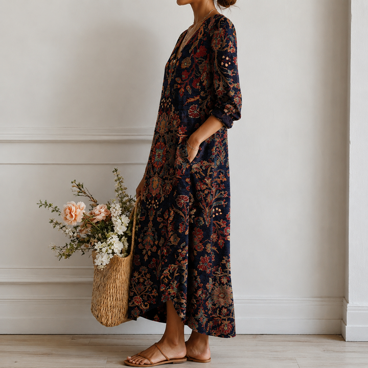 Trudi™ | Boho Maxi Dress with Oriental Ornament in Navy