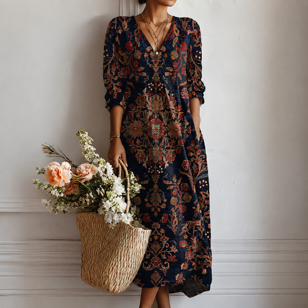 Trudi™ | Boho Maxi Dress with Oriental Ornament in Navy