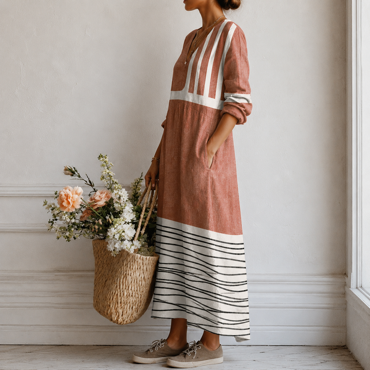 Rosa™ | Boho Maxi Dress with Colour Blocking in Terracotta